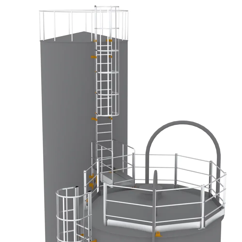 Configurație: scară fixă cu crinolină, platformă și balustrade pe siloz